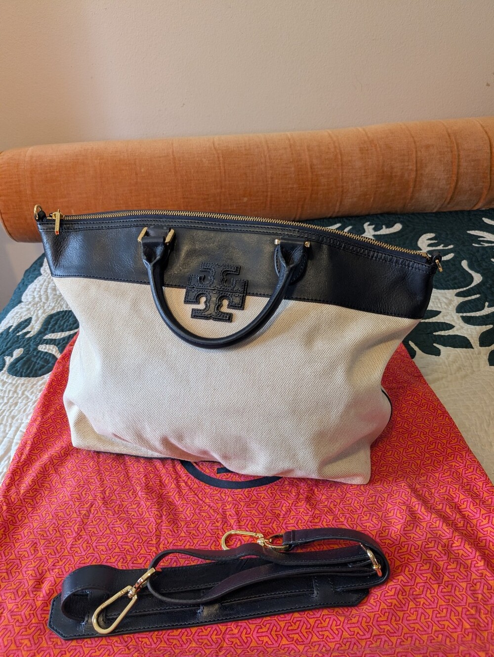 Authentic Tory Burch Two-Tone Canvas & Leather Tote in Black and Natural